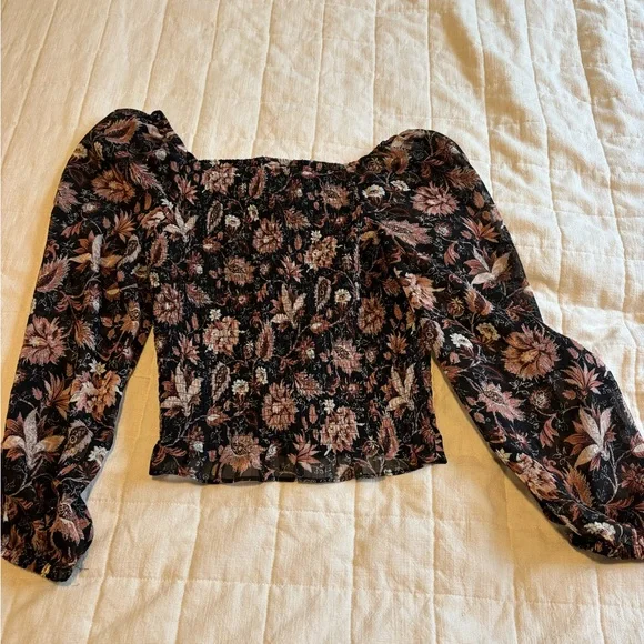 Madewell Black and Pink Smocked Crop Blouse - Picture 2 of 2